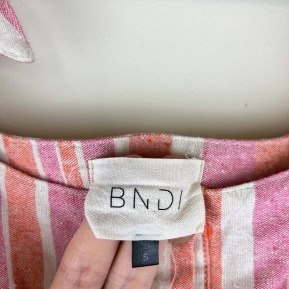 BNDI Pink Striped Linen Blend Button Front Tie Strap Mini Dress - Picture 2 of 5